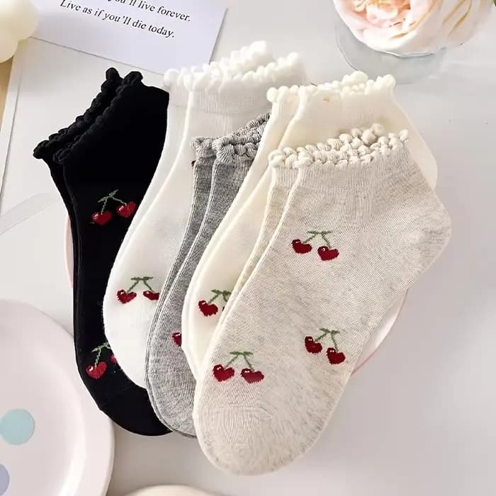 5 paires de chaussettes à volants mignonnes en forme de cerise pour femmes