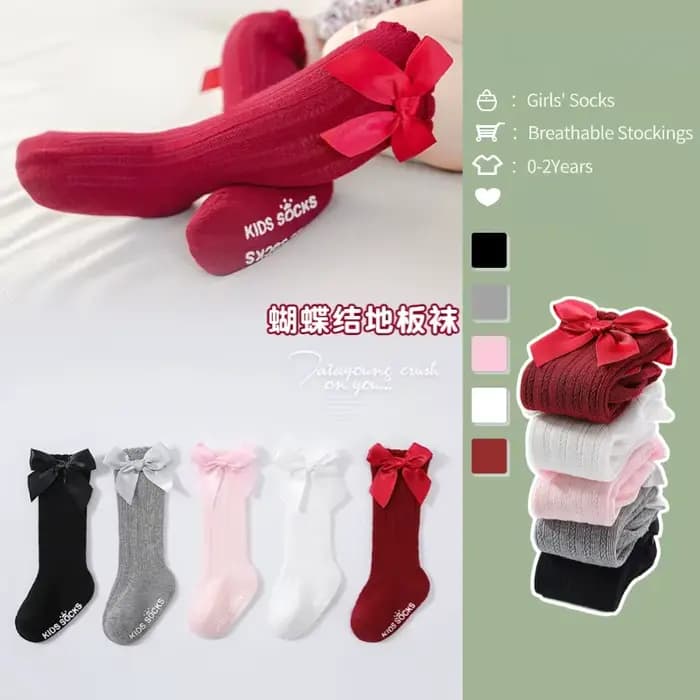 Chaussettes Tube hautes avec nœud papillon rouge, bas de noël pour filles, nourrissons et tout-petits, en coton doux, chaussettes de sol antidérapantes, cadeau pour bébé