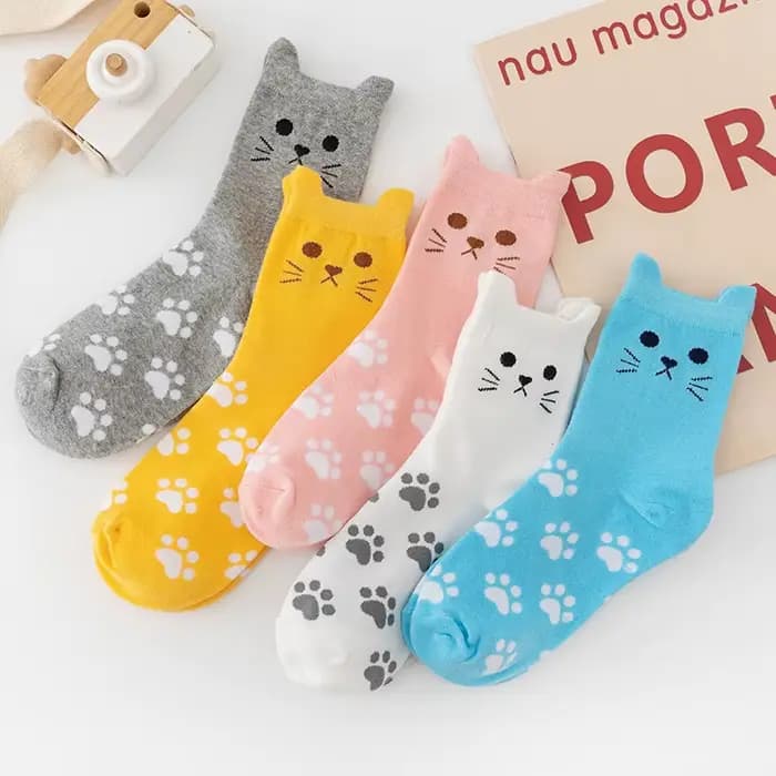 5 paires de chaussettes pour femmes en coton avec motif de pattes de chat