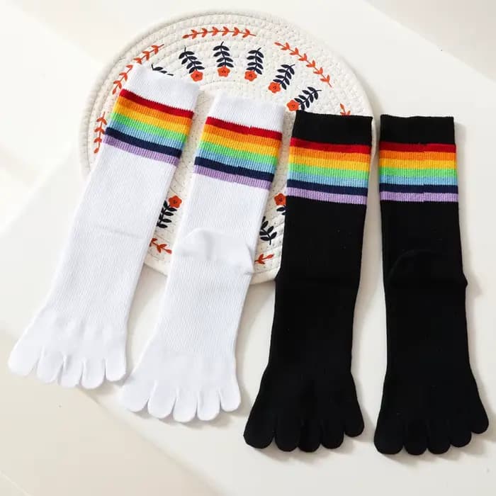 Chaussettes de Sport pour femmes avec orteils mode coloré rayé noir blanc chaussette en coton coréen longue
