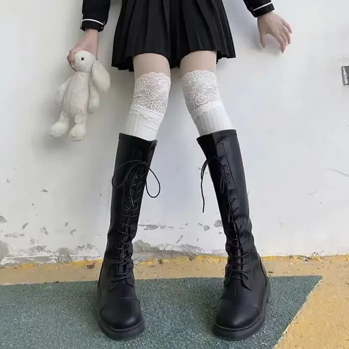 Bas hauts en dentelle pour femmes, chaussettes longues décontractées au dessus du genou, Patchwork, chaussettes thermiques à rayures verticales, Leggings tubulaires