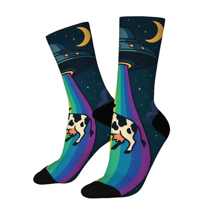 Chaussettes amusantes UFO arc-en-ciel vache rétro imprimé dessin animé