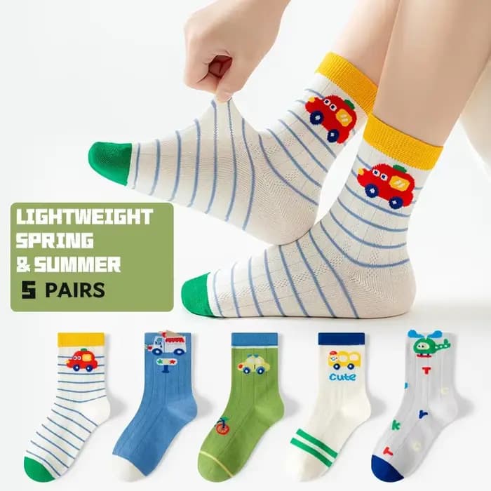 5 paires de chaussettes mi-mollet colorées à motif de voiture pour enfants