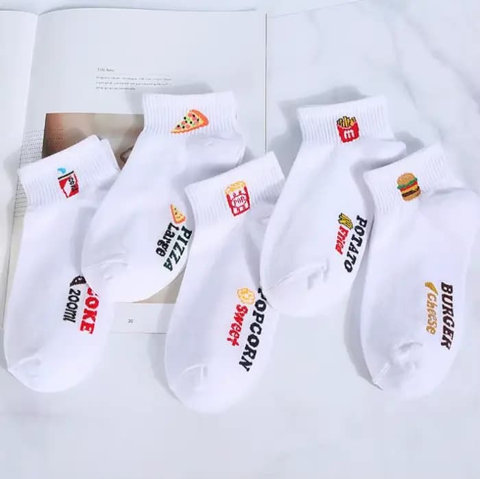Été drôle dessin animé nourriture chaussettes frites unisexe blanc kawaii cheville