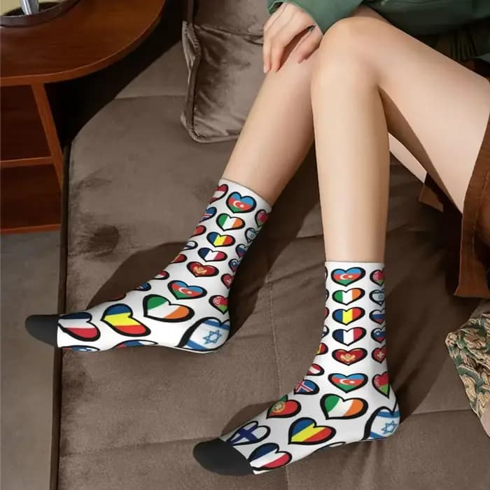 Eurovision Song Concours drapeaux coeurs chaussettes Harajuku bas doux toutes saisons chaussettes longues accessoires pour cadeau d'anniversaire unisexe