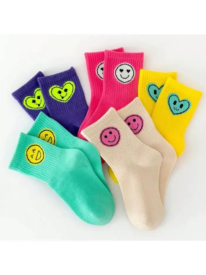 5 paires de nouvelles chaussettes pour enfants quatre saisons avec expressions de visages souriants pour garçons et filles, chaussettes mi-mollet et hautes.