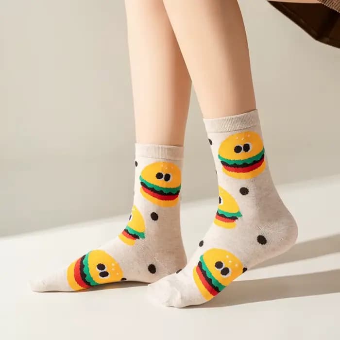 Chaussette femme mignon drôle Meme peigné automne hiver coton filles dessin animé Snack frites Burger beignet chaussettes Tube moyen confortable