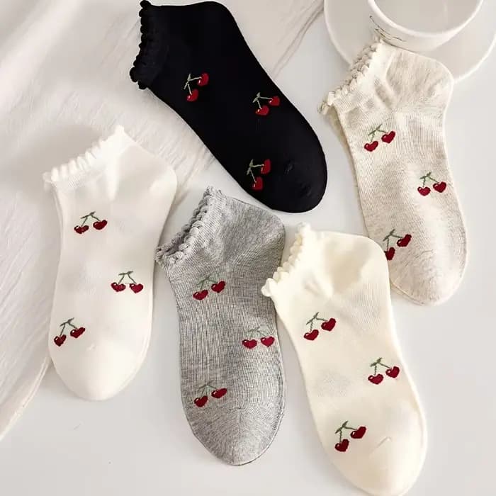5 paires de chaussettes à volants mignonnes en forme de cerise pour femmes
