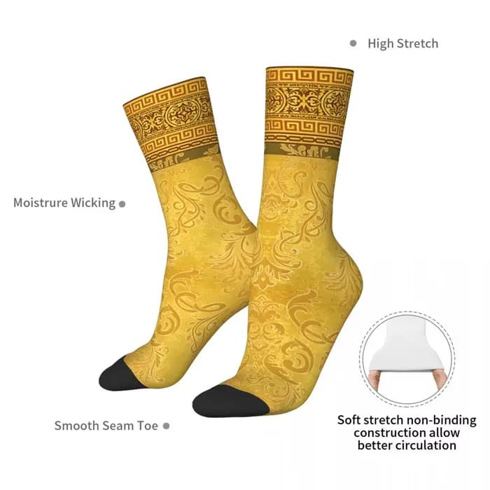 Chaussettes dorées baroques à fleurs ornées de touches grecques pour hommes et femmes