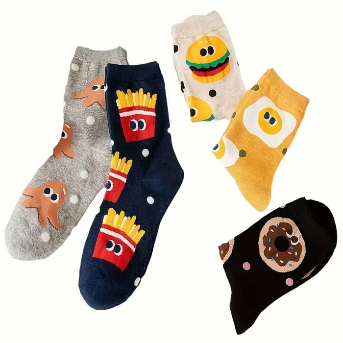 5 paires de chaussettes pour enfants de couleurs mélangées avec des motifs de hamburger et de frites mignons de dessin