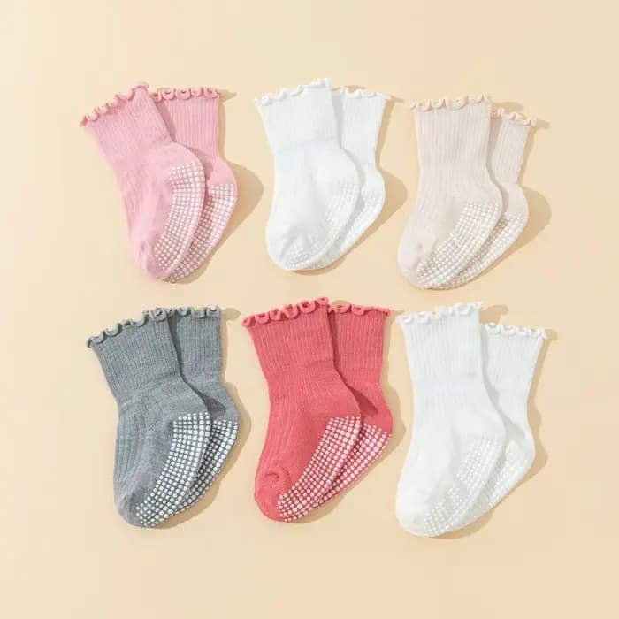 6 paires de chaussettes antidérapantes pour bébés filles avec bordure effet bois