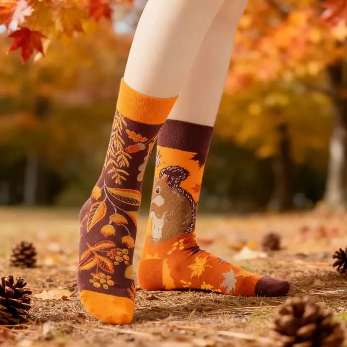 1 paire d'écureuils forestière et noix tombées, chaussettes mi-mollet tendance pour unisexe, adaptées à toutes les saisons.