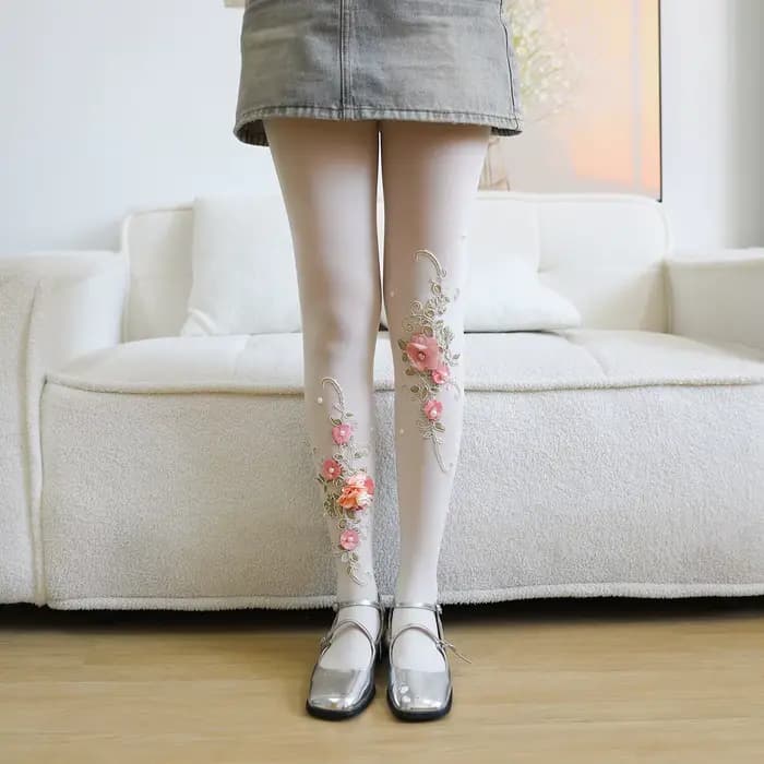 Collants femmes fleur broderie à la main perle diamant