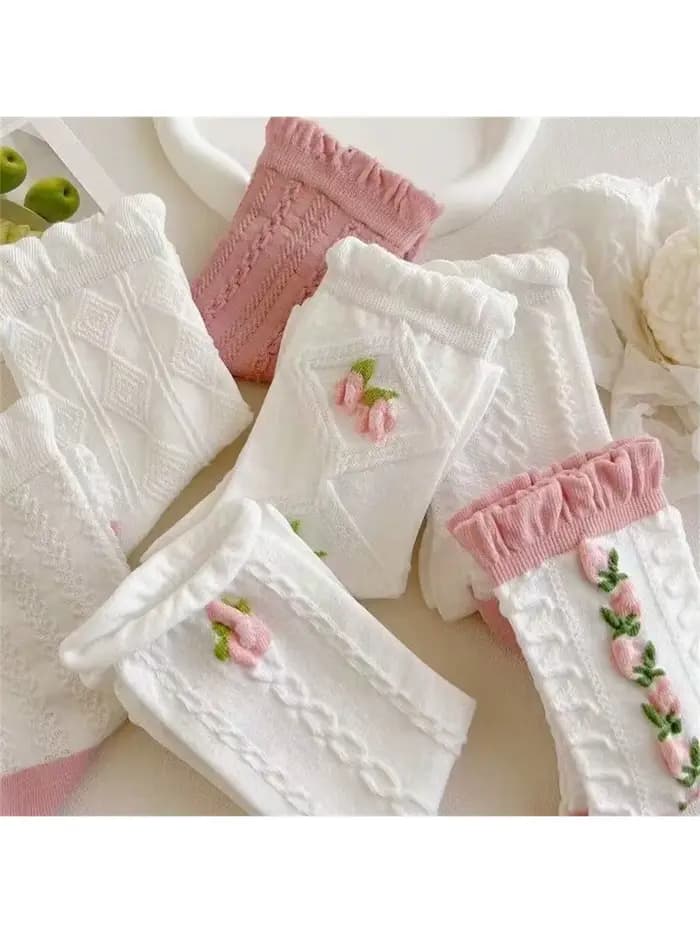 5 paires de chaussettes mi-longues en dentelle rose et blanche pour fille, à motifs de diamants, à fleurs, roses et mignonnes