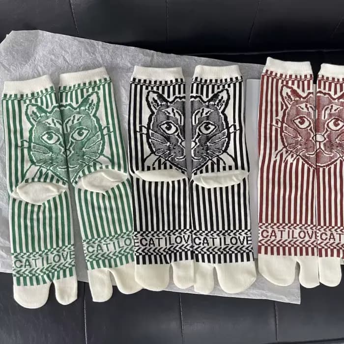 Haute qualité bout fendu femme coton chaussettes printemps automne hiver chat motif lettres rayures confortable deux orteils femmes Tabi Sox