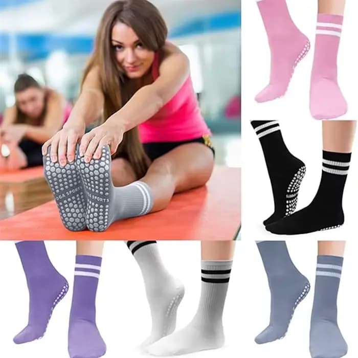 Chaussettes antidérapantes mi-longues pour femmes, chaussettes de yoga Prati à double rayures, chaussettes antidérapantes pour le fitness, chaussettes de ballet, chaussettes de sport
