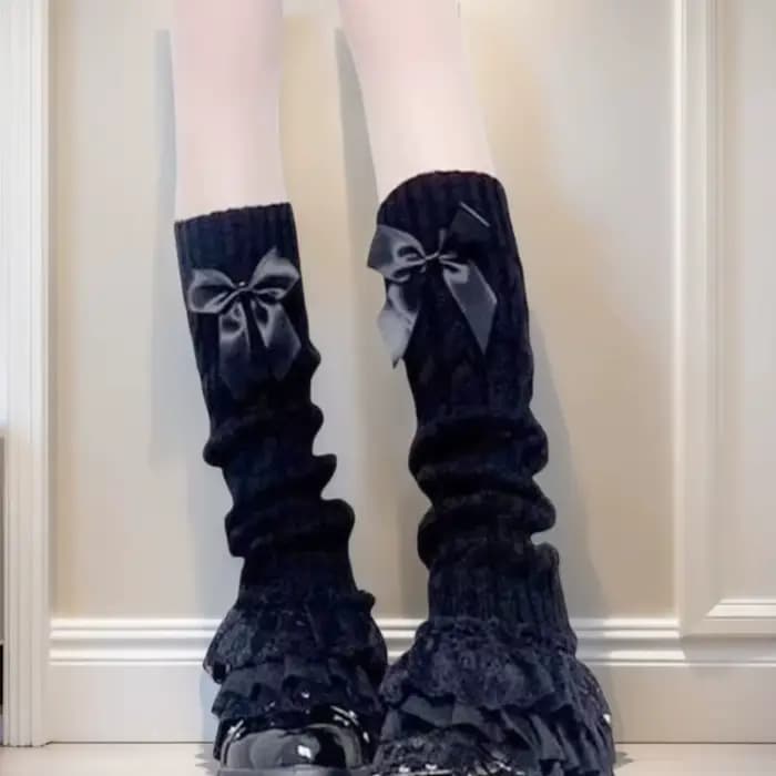 Chaussettes tricotées japonaises pour femmes, avec nœud et volants, style Lolita, en dentelle, hauteur genou, côtelées, pour fête/cosplay anime