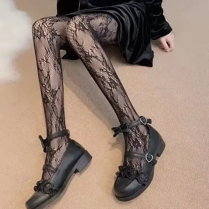 Femmes Sexy noir blanc Lolita creux dentelle maille bas bas collants japonais Goth Floral rotin chaud classique collants