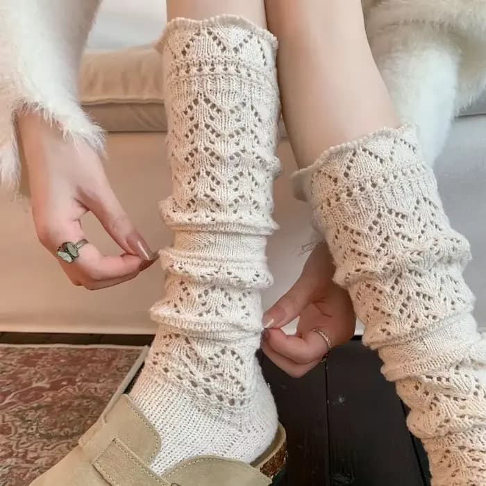 1 Paire de Chaussettes Hautes en Laine Tricotées Creuses pour Femme