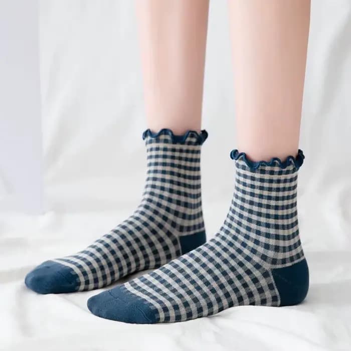 Chaussettes femme automne à carreaux rétro Vintage coton