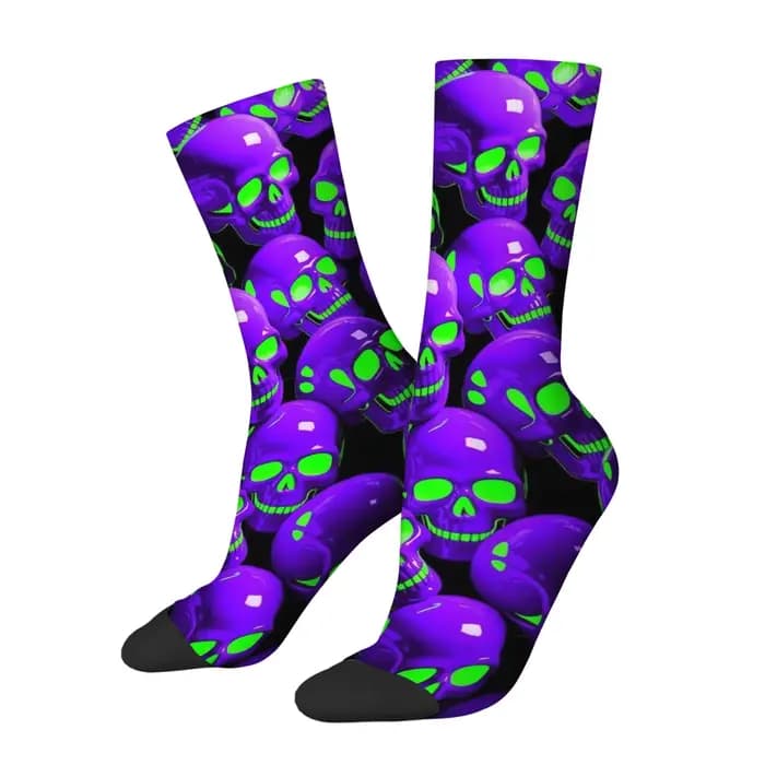 Chaussettes à motif de crâne violet néon, extensibles, légères, confortables, pour usage quotidien, pour hommes, cyclisme, randonnée, festivals de musique, chaussettes de compression originales