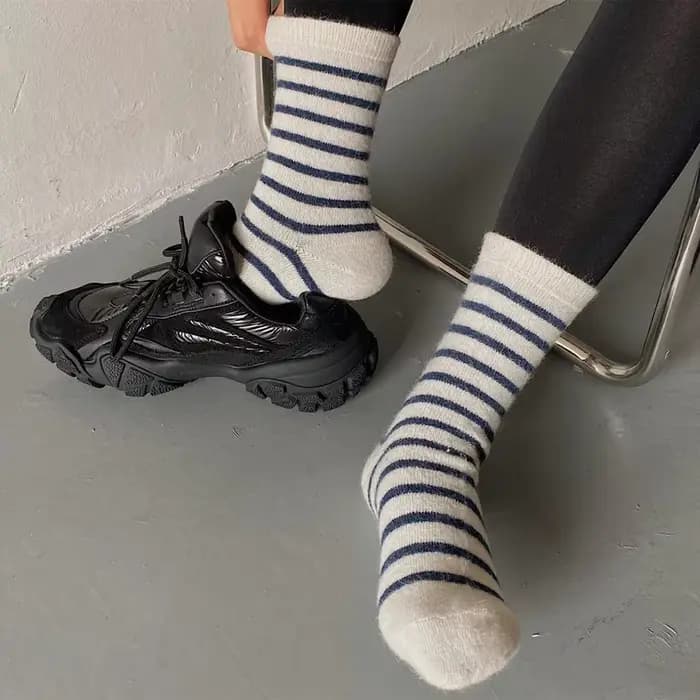 20% lapin cheveux femme chaussettes décontracté rayé cachemire laine longues