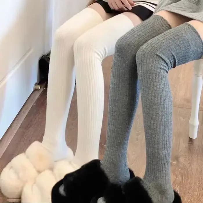 Chaussettes en laine pour femme, couleur unie, cuissardes hautes, Lolita, bas épais et chauds, noir et blanc, longues jambes, automne/hiver