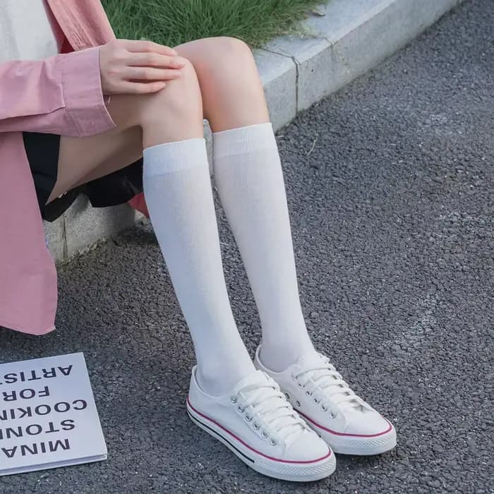 2 paires femmes coton genou chaussettes hautes noir blanc couleur unie mode décontracté mollet chaussette femme fille
