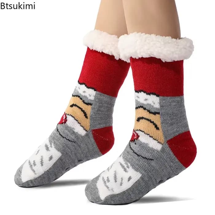 Chaussettes de sol chaudes d'hiver pour femmes, en peluche douce, antidérapantes, meubles courts, velours Extra épais, dessin animé, chaussettes de noël pour dames