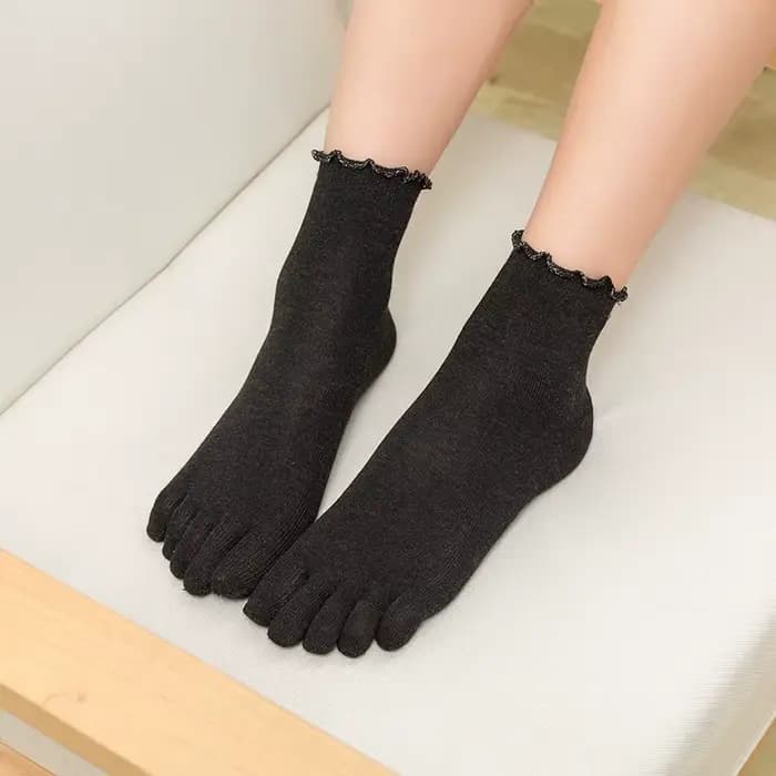 Chaussettes pour femmes coton cinq doigts à volants couleur unie orteil
