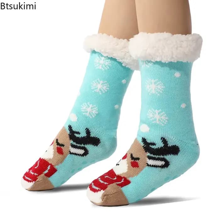 Chaussettes de sol chaudes d'hiver pour femmes, en peluche douce, antidérapantes, meubles courts, velours Extra épais, dessin animé, chaussettes de noël pour dames