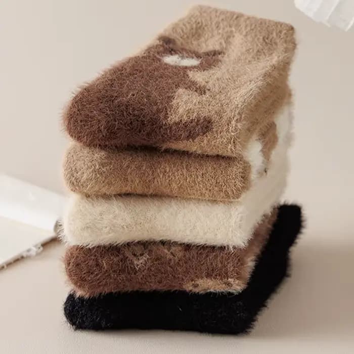 5 paires de chaussettes pour femmes ensemble ours en peluche hiver chaud épais fourrure de vison
