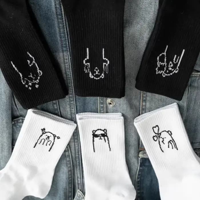 Mode coréenne femmes chaussettes drôle blanc et noir dessin animé ours