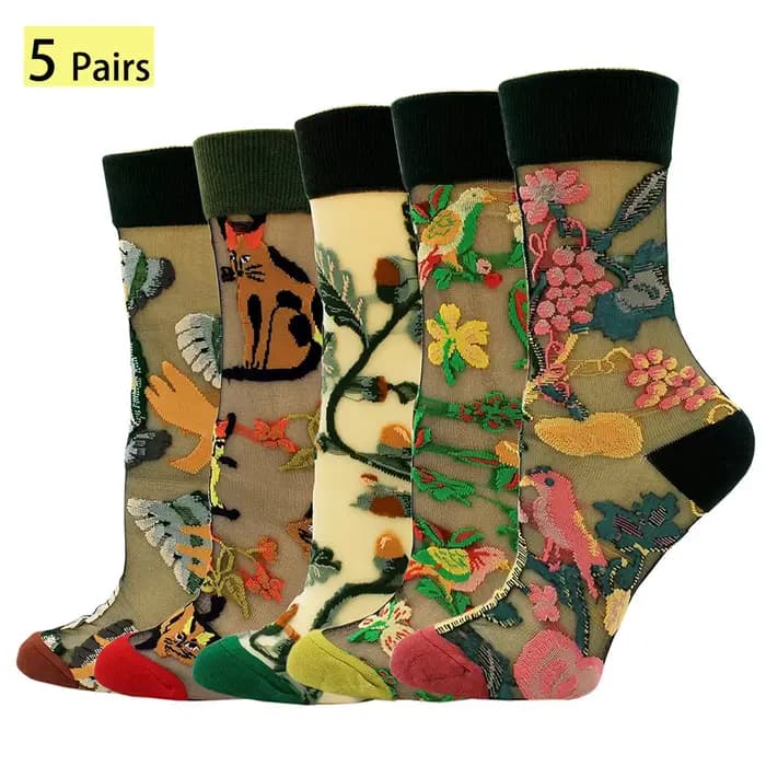 5 paires/ensemble France Hipster Design verre soie fleur oiseau drôle chaussettes femmes Transparent Art cheville