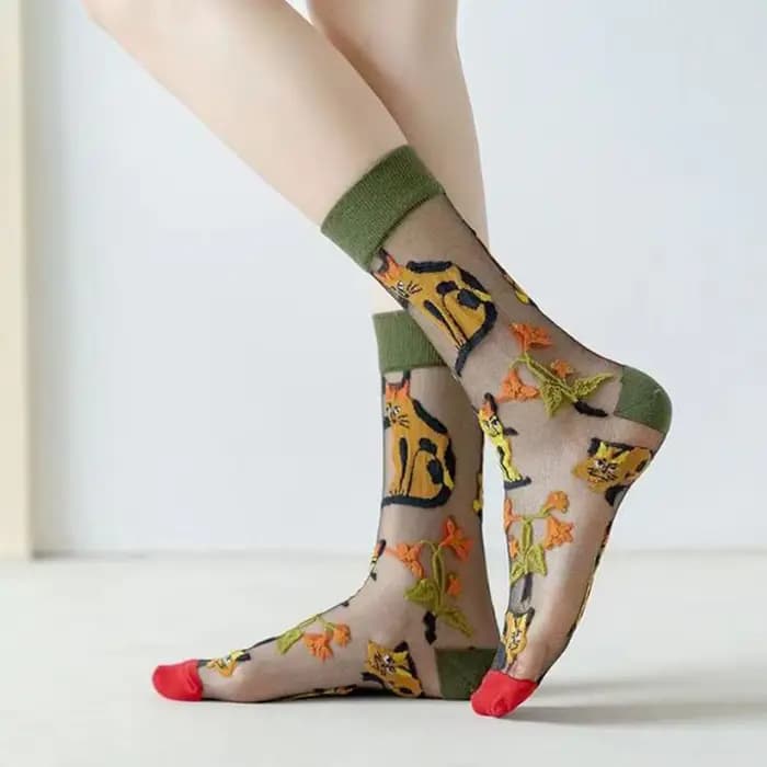 5 paires/ensemble France Hipster Design verre soie fleur oiseau drôle chaussettes femmes Transparent Art cheville