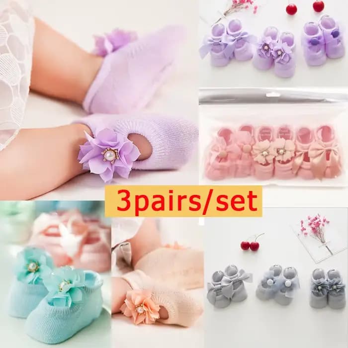 Chaussettes en coton avec nœud papillon pour bébé, chaussettes anti-alde pour tout-petit, dessin animé pour nouveau-né, chaussettes de sol en dentelle pour filles, 3 paires par ensemble