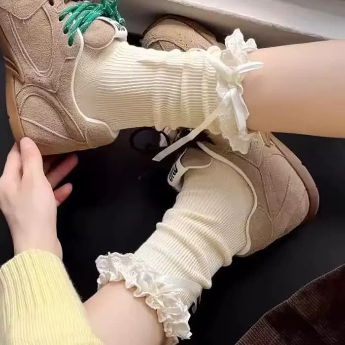 Harajuku automne couleur unie dentelle nœud Lolita à volants chaussette pour femmes Kawaii