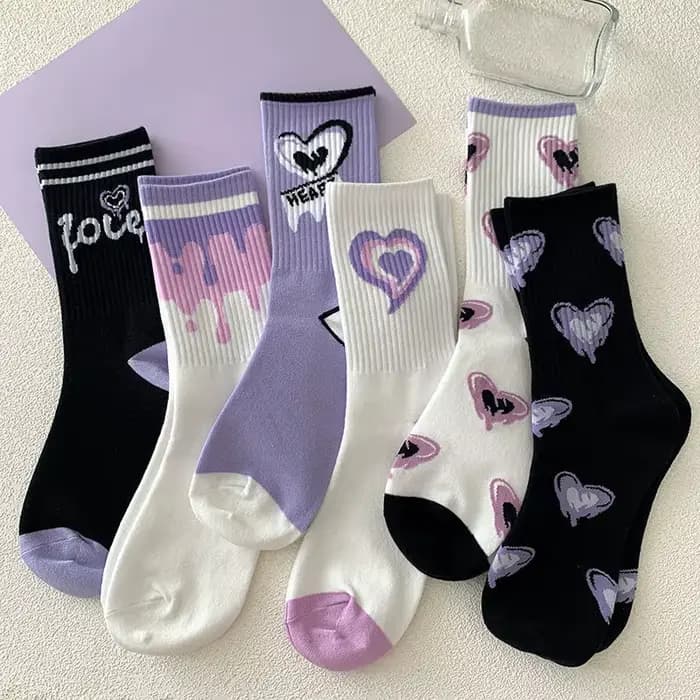 Kawaii Love Print Middle Tube Chaussettes pour femmes, Chaussettes violettes pour femmes, High Beauty, Fried Street, Harajuku Medias, Printemps, Été