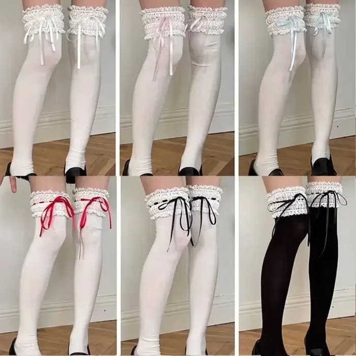 Lolita – chaussettes hautes en coton avec nœud en dentelle douce