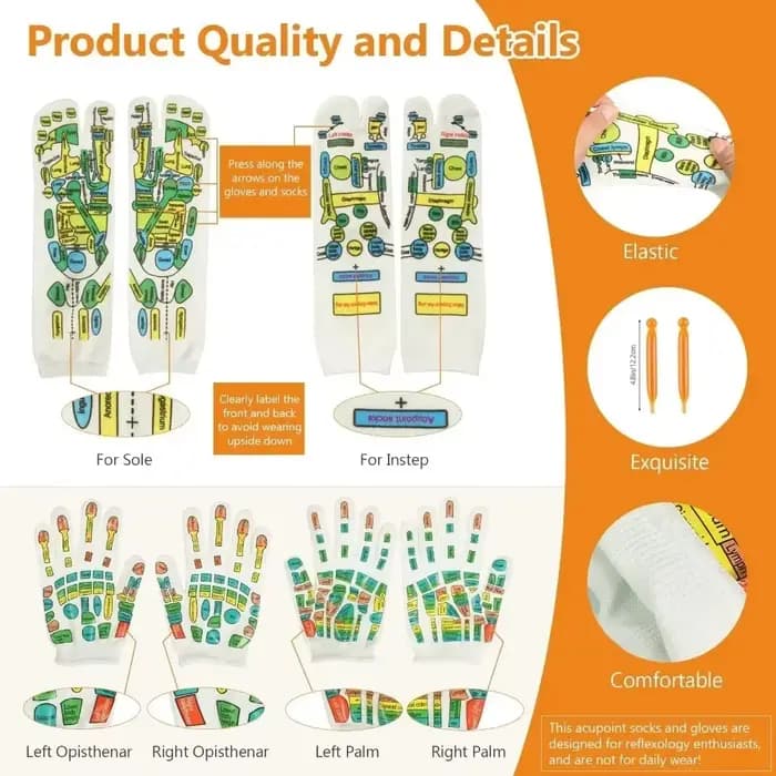 Lot de 6/2 paires de chaussettes et gants d'acupression double face colorés – Réflexologie, massage des pieds et des mains, soulagement de la fatigue et des douleurs, outil de soin des pieds