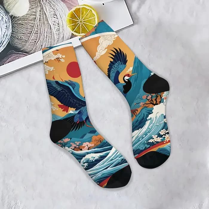 Chaussettes pour hommes rétro japonaises Ukiyo-e imprimé grue Harajuku