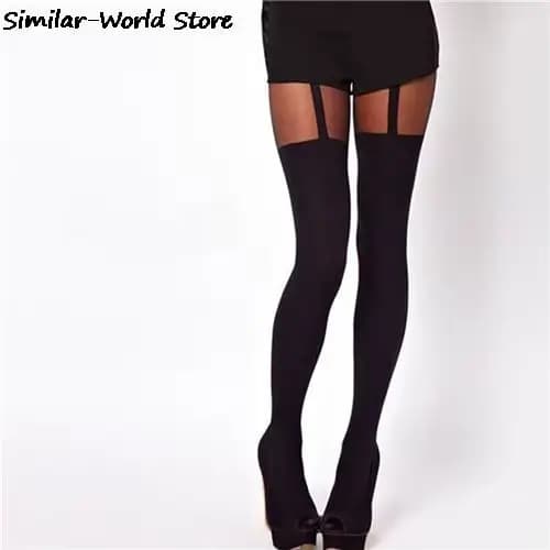 1 paire mode femme Sexy noir faux porte-jarretelles collants sur le genou bonneterie bas taille unique