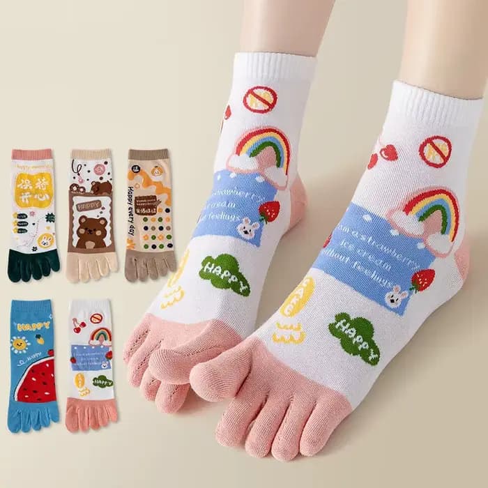 3 paires de chaussettes à cinq doigts pour femmes, chaussettes mi-tube en coton, chaussettes de sport mignonnes à motif de dessin animé avec doigts séparés
