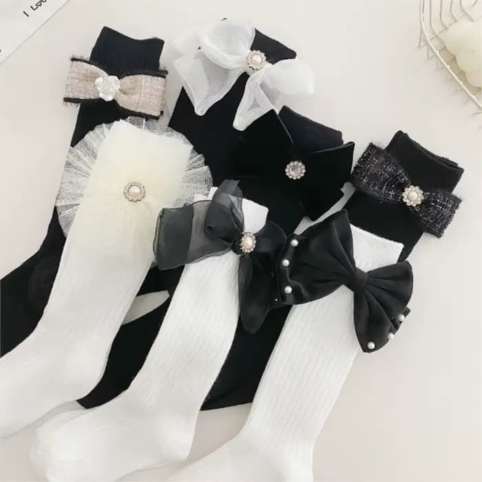 Filles chaussettes perle grand nœud papillon doux princesse mollet chaussette enfants bébé genou haut bas coton peigné sokken enfant en bas âge infantile