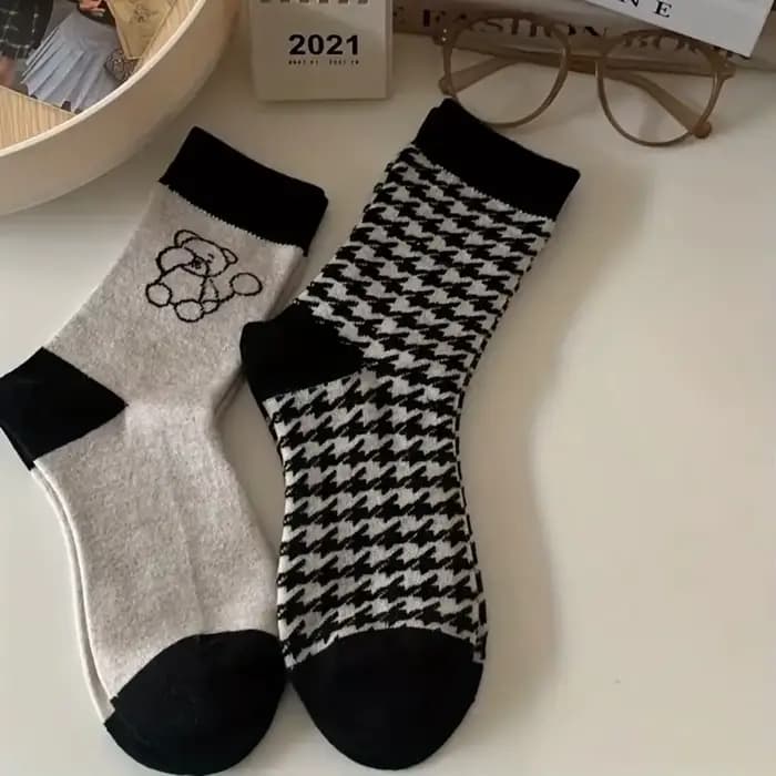 5/10 paires femmes mignon petit ours mi-mollet chaussettes à la mode fleur imprimé Floral doux confortable printemps automne chaussettes décontractées
