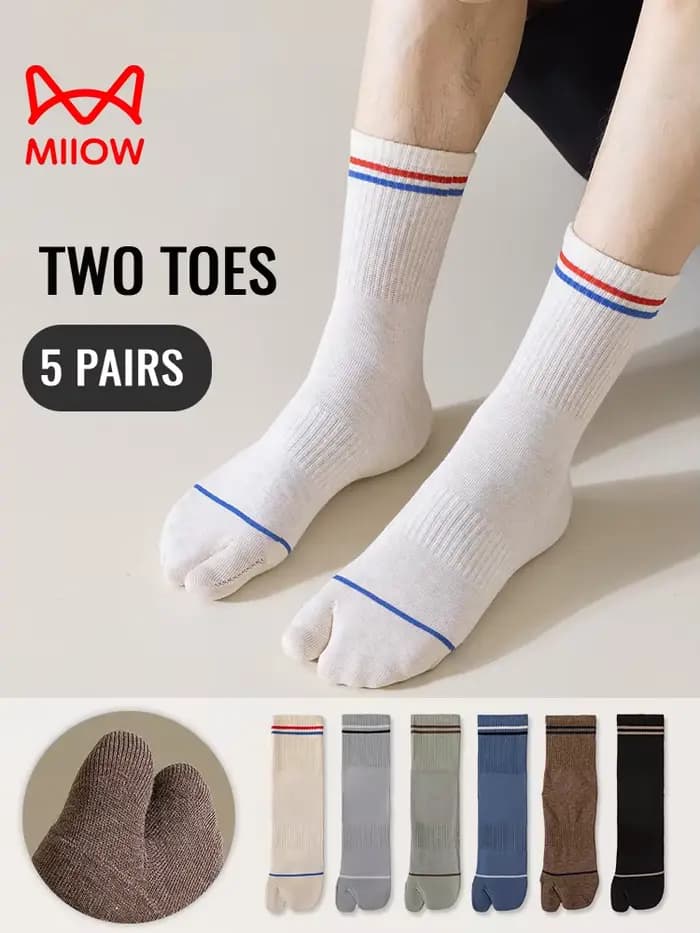 MiiOW japonais Tabi chaussettes bout fendu chaussette hommes 100% pur coton chaussette longue cinq doigts deux orteils chaussette Ninja Geta Anti odeur chaussette Sport