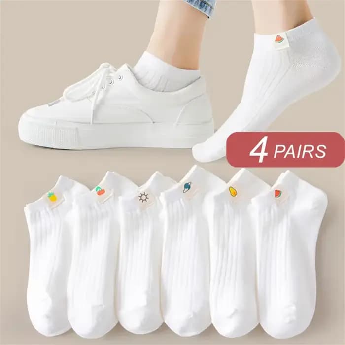 4 paires de chaussettes courtes en coton avec étiquette en tissu de fruits de dessin animé, basses à la cheville pour femmes, chaussettes invisibles d'été blanches pour filles, bateau absorbant la sue