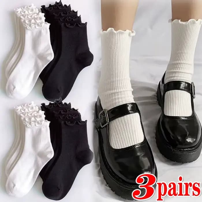 Chaussettes à volants femmes blanc noir froufrous Style Lolita jeune fille japonaise mignon Kawaii coton Harajuku