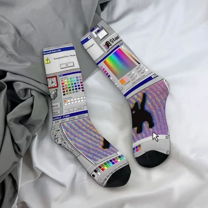 Cyber Chaussettes pour hommes imprimées avec motif fenêtre pop-up de panne de système informatique rétro