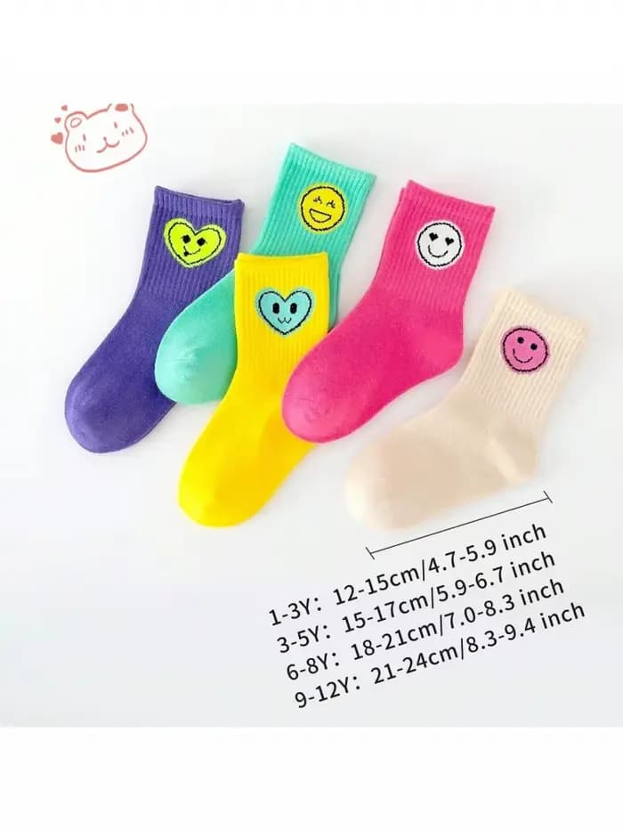 5 paires de nouvelles chaussettes pour enfants quatre saisons avec expressions de visages souriants pour garçons et filles, chaussettes mi-mollet et hautes.